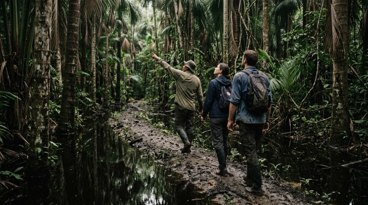 Travellers walking a muddy forest trail towards Sandoval Lake on a 3-day Puerto Maldonado Amazon tour, Peru