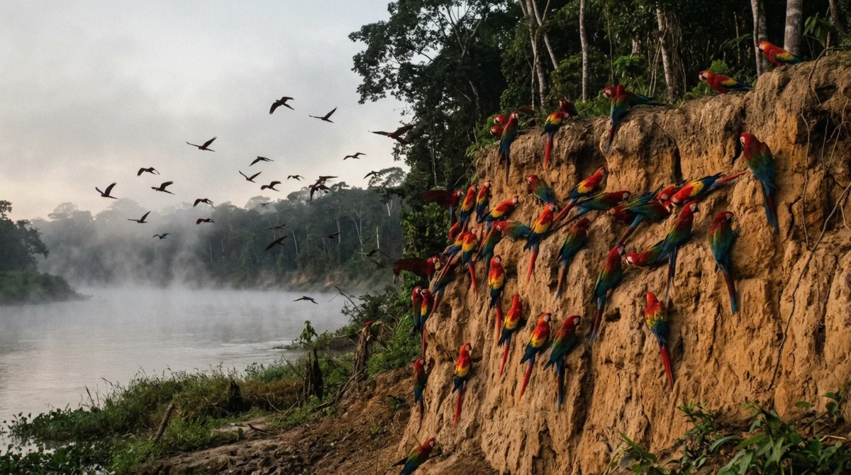 Macaws feeding on a clay riverbank at dawn on a 4-day Puerto Maldonado Amazon tour in Tambopata, Peru
